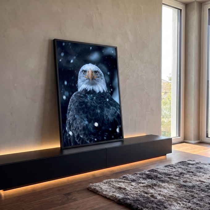 Águia-de-cabeça-branca olhando de frente sob neve caindo em fundo azul escuro, quadro decorativo