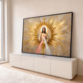 Jesus Misericordioso em ostensório dourado com raios de luz rosa e branca em pintura a óleo, quadro decorativo