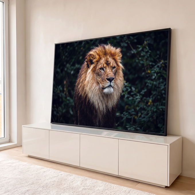 Leão de juba dourada e olhar sereno em frente a folhagem verde-escura, fotografia, quadro decorativo