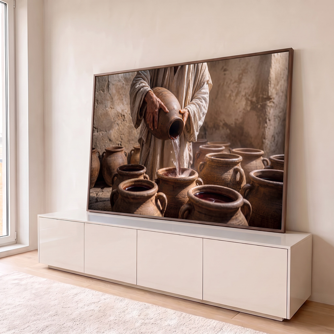 Quadro Decorativo Grande Mãos Derramando para Sala Marrom | quadros decorativos para sala | mãos derramando vinho de jarro de barro em potes de cerâmica cheios | em Quadros para Sala | Porao dos Quadros