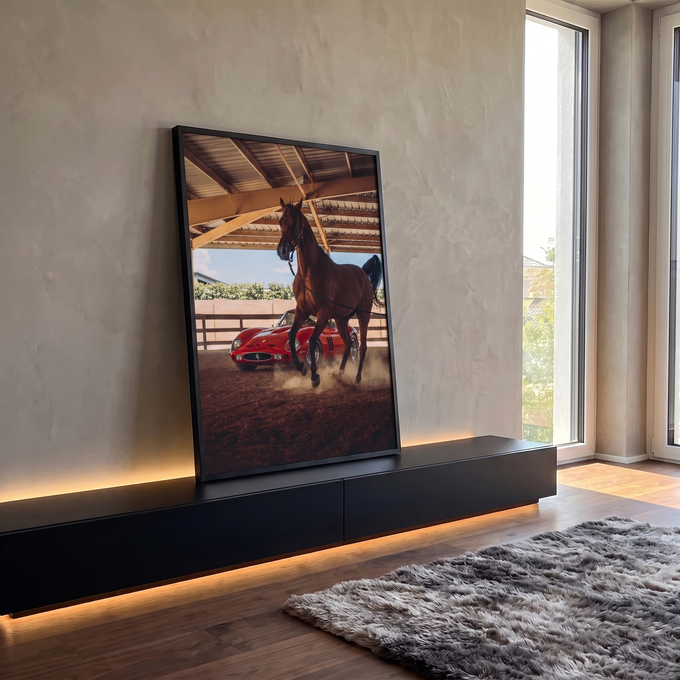 Cavalo alazão trotando na poeira à frente de carro esportivo vermelho clássico em galpão, quadro decorativo