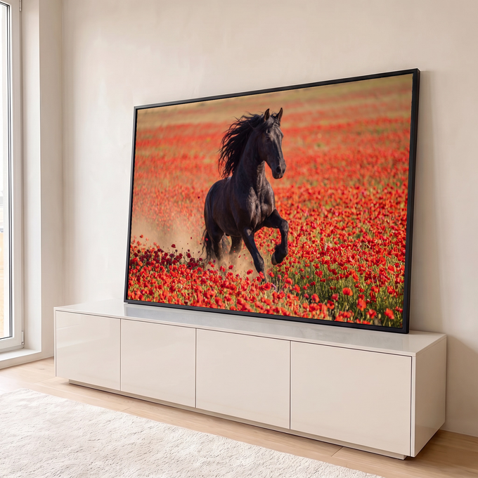 Cavalo frísio negro galopando em campo de papoulas vermelhas com poeira ao fundo, quadro decorativo
