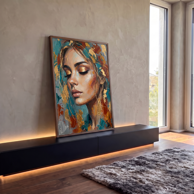 Rosto de mulher de olhos fechados em pintura a óleo com folha de ouro e azul petróleo, quadro decorativo