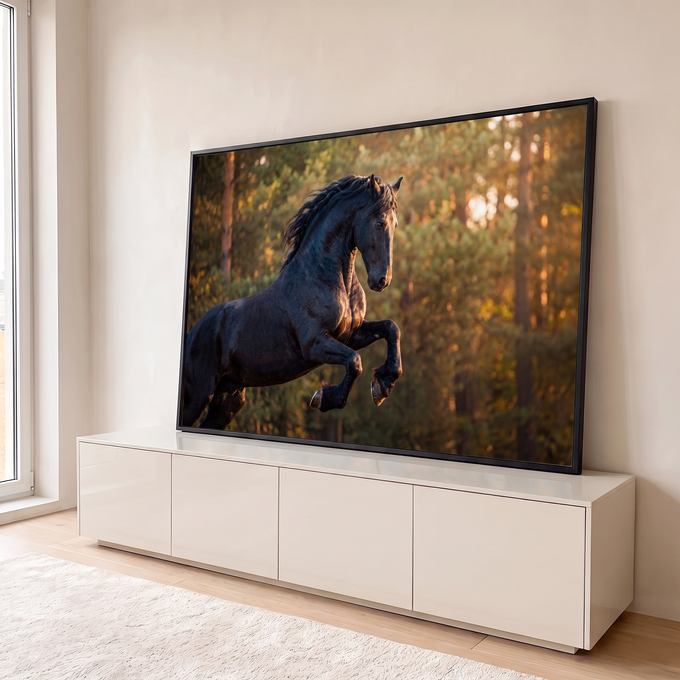 Cavalo negro frísio empinado em floresta iluminada por luz dourada do entardecer, quadro decorativo