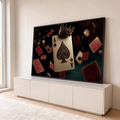 Quadro Decorativo Grande Carta de Baralho para Sala Preto | quadros decorativos para sala | carta de baralho branca com espada dourada e coroa sobre fundo escuro com cartas flutuando | em Quadros para Sala | Porao dos Quadros