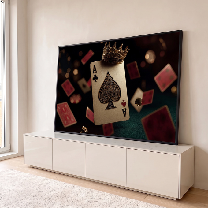 Quadro Decorativo Grande Carta de Baralho para Sala Preto | quadros decorativos para sala | carta de baralho branca com espada dourada e coroa sobre fundo escuro com cartas flutuando | em Quadros para Sala | Porao dos Quadros