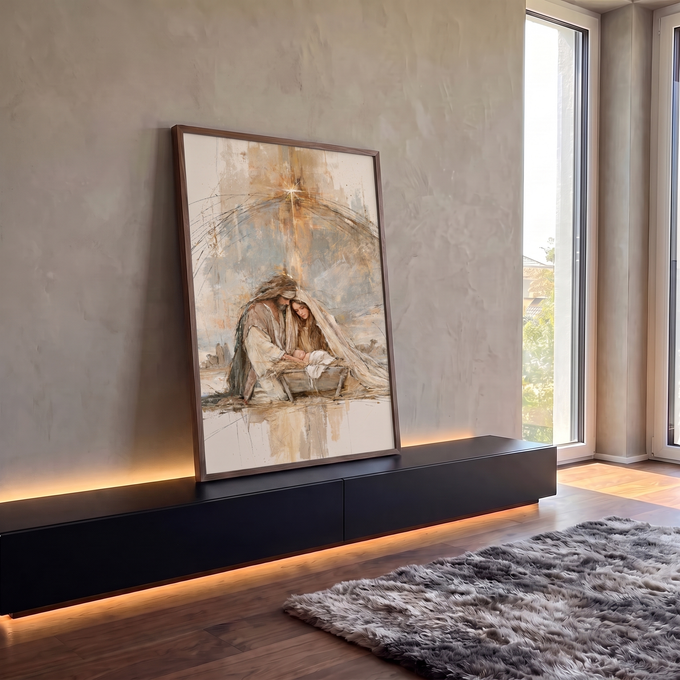 Quadro Decorativo Sagrada Família com Estrela de Belém | quadros decorativos para sala | casal ajoelhado sobre manjedoura com bebê, estrela dourada ao fundo | em Quadros para Sala | Porao dos Quadros