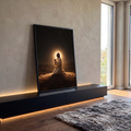 Quadro Decorativo Grande Jesus Céu Estrelado para Sala | quadros decorativos para sala | homem ajoelhado em oração com halo dourado sob céu estrelado | em Quadros para Sala | Porao dos Quadros