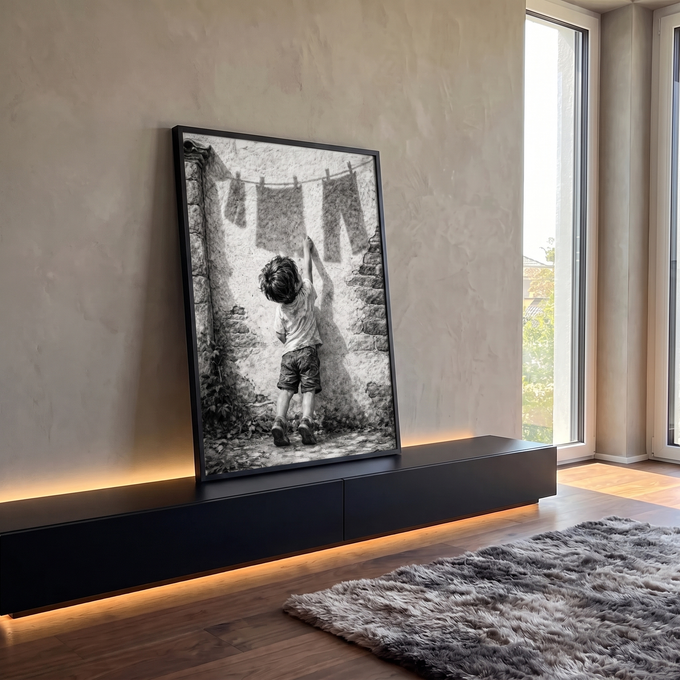 Desenho a lápis de menino alcançando varal com sombras de roupas em parede de pedra, quadro decorativo
