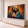 Quadro Decorativo Grande Sagrada Família Laranja para Sala | quadros decorativos para sala | Sagrada Família em arte poligonal geométrica com cores quentes e douradas | em Quadros para Sala | Porao dos Quadros