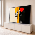 Perfil de mulher em preto e branco com círculos amarelo e vermelho em colagem Bauhaus, quadro decorativo