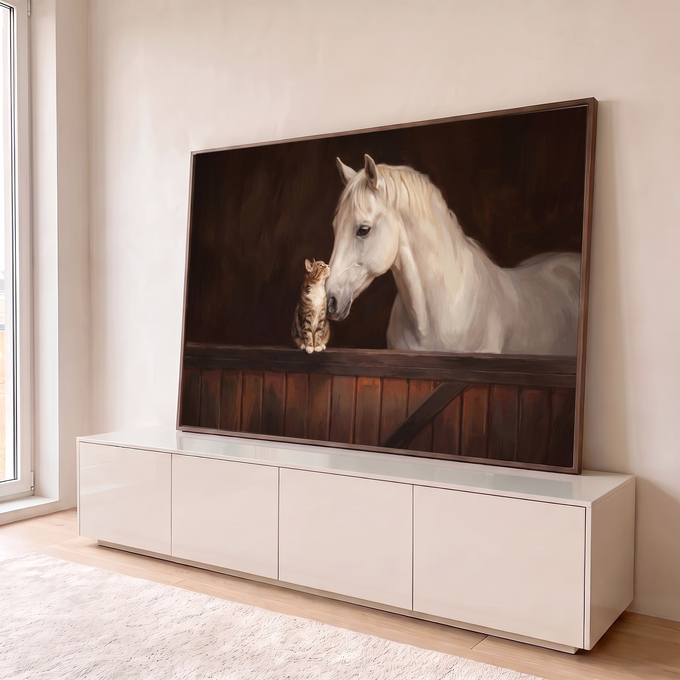 Cavalo branco encosta o focinho num gatinho tigrado sobre porteira de madeira do estábulo, quadro decorativo