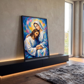 Quadro Decorativo Grande Jesus Auréola Colorida para Sala | quadros decorativos para sala | Jesus e Nossa Senhora abraçados com auréola de pinceladas coloridas ao fundo | em Quadros para Sala | Porao dos Quadros