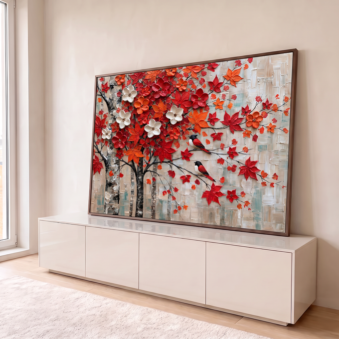 Quadro Decorativo Grande Bétulas com Folhas para Sala | quadros decorativos para sala | árvores de bétula com folhas vermelhas e laranjas de outono e dois pássaros pousados | em Quadros para Sala | Porao dos Quadros