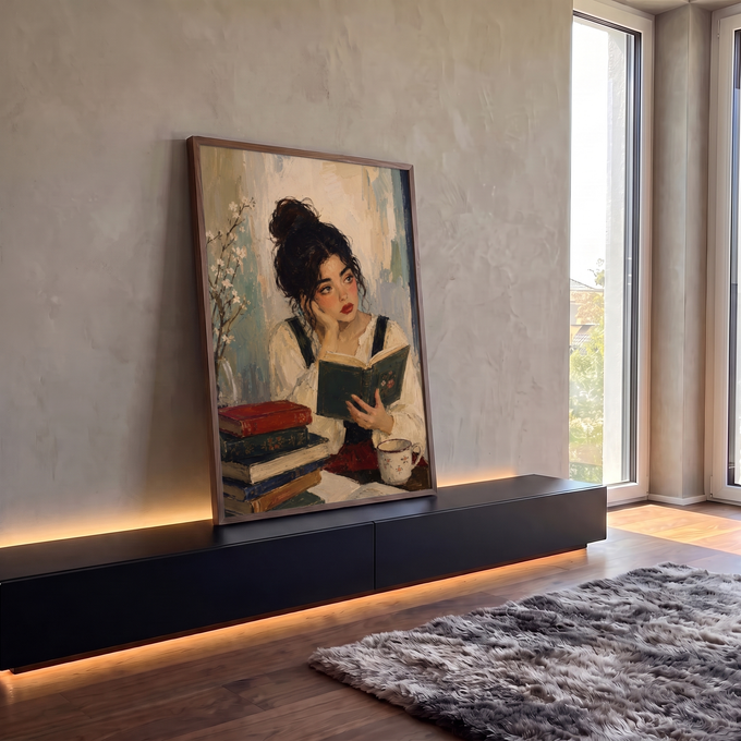 Quadro Decorativo Grande Mulher Lendo Livro para Sala Bege | quadros decorativos para sala | mulher de cabelo preso lendo livro cercada de livros e flores em estilo impressionista | em Quadros para Sala | Porao dos Quadros
