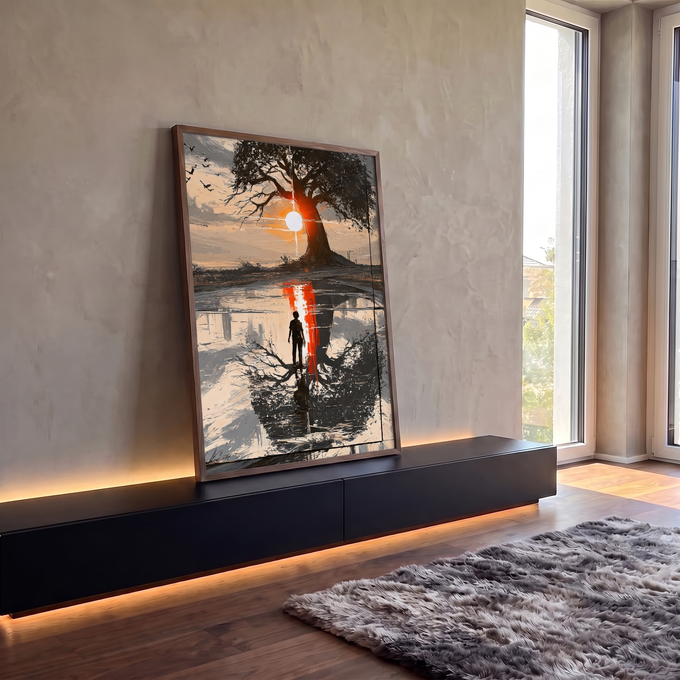 Quadro Decorativo Árvore com Sol Vermelho e Reflexo na Água | quadros decorativos para sala | árvore silhueta com sol vermelho e reflexo na água com figura solitária caminhando | em Quadros para Sala | Porao dos Quadros