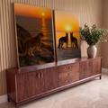 Quadro Decorativo Kit 2 Telas Gato e Cães para Sala Laranja | quadros decorativos para sala | gato e dois cães observando o pôr do sol sobre o mar em cenas separadas | em Quadros para Sala | Porao dos Quadros