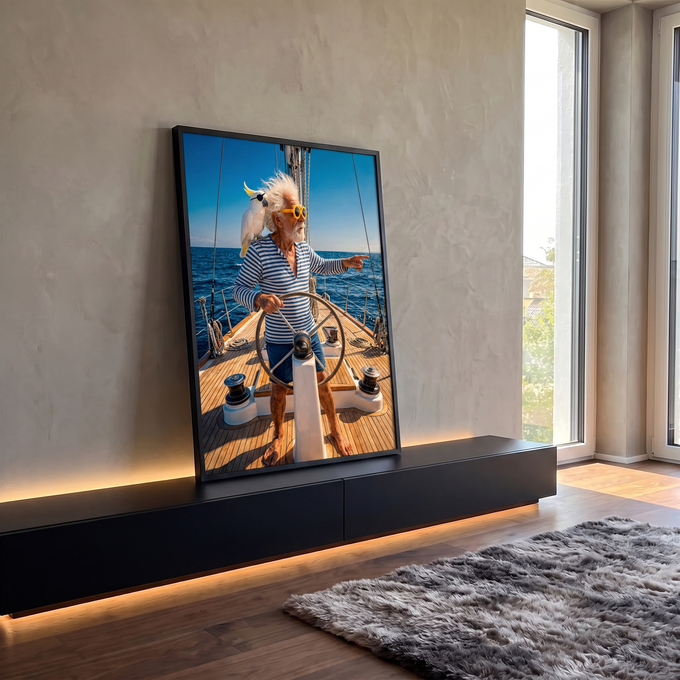 Quadro Decorativo Grande Marinheiro e Cacatua para Sala Azul | quadros decorativos para sala | homem idoso de óculos amarelos no leme de um veleiro com cacatua no ombro | em Quadros para Sala | Porao dos Quadros