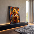 Quadro Decorativo Grande Jesus com Pomba para Sala Dourado | quadros decorativos para sala | Jesus com auréola dourada segurando pomba branca em estilo vitral geométrico | em Quadros para Sala | Porao dos Quadros
