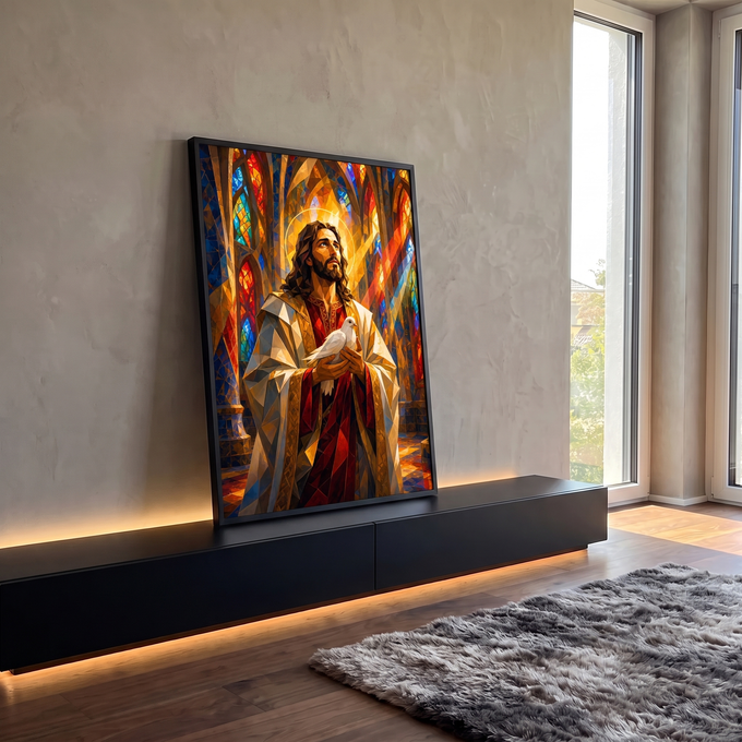 Quadro Decorativo Grande Jesus com Pomba para Sala Dourado | quadros decorativos para sala | Jesus com auréola dourada segurando pomba branca em estilo vitral geométrico | em Quadros para Sala | Porao dos Quadros