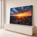 Quadro Decorativo Grande Pôr do Sol Rio para Sala Laranja | quadros decorativos para sala | banco de madeira em mirante com pôr do sol laranja sobre rio e nuvens de tempestade | em Quadros para Sala | Porao dos Quadros
