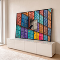 Quadro Decorativo Grande Gato Preto Vermelho para Sala | quadros decorativos para sala | gato preto espiando de dentro de contêiner branco entre contêineres coloridos | em Quadros para Sala | Porao dos Quadros