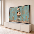 Quadro Decorativo Grande Elefante com Caixas para Sala Azul | quadros decorativos para sala | elefante branco carregando caixas de madeira empilhadas com borboleta no topo | em Quadros para Sala | Porao dos Quadros