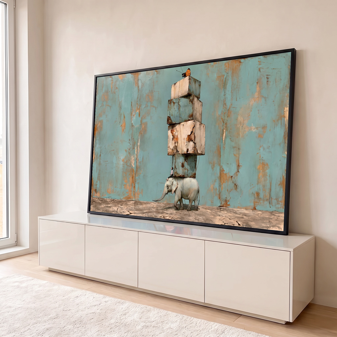 Quadro Decorativo Grande Elefante com Caixas para Sala Azul | quadros decorativos para sala | elefante branco carregando caixas de madeira empilhadas com borboleta no topo | em Quadros para Sala | Porao dos Quadros