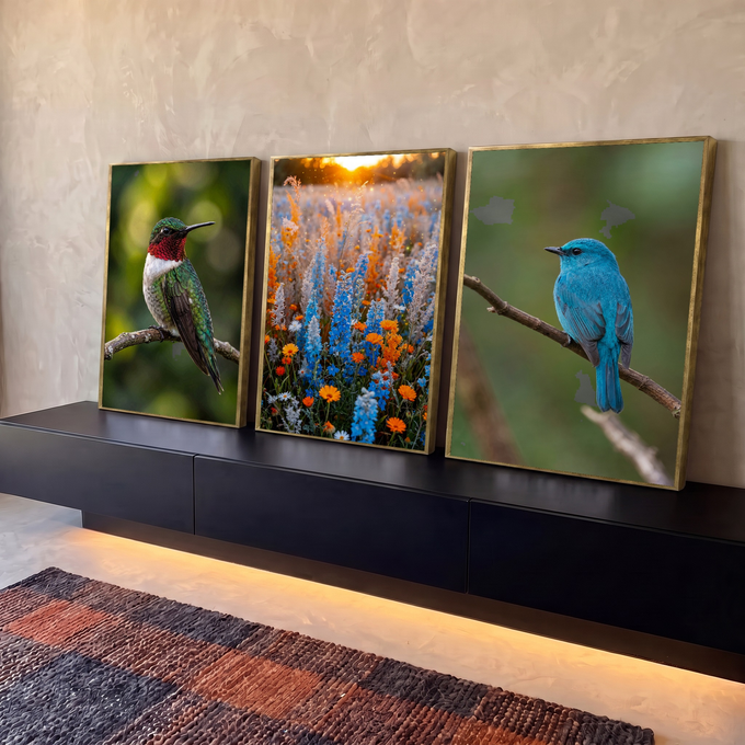 Quadro Decorativo Kit 3 Telas Beija-Flor Campo para Sala | quadros decorativos para sala | beija-flor, campo de flores coloridas e pássaro azul em três painéis naturais | em Quadros para Sala | Porao dos Quadros