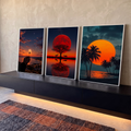 Quadro Decorativo Kit 3 Telas Lua Vermelha para Sala Laranja | quadros decorativos para sala | tríptico com dente-de-leão, lua vermelha sobre árvore e coqueiros ao entardecer | em Quadros para Sala | Porao dos Quadros