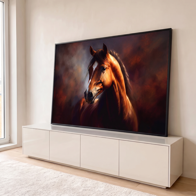 Quadro Decorativo Grande Cavalo Luz Dourada para Sala Marrom | quadros decorativos para sala | retrato de cavalo castanho com mancha branca no focinho e luz dourada lateral | em Quadros para Sala | Porao dos Quadros