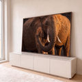 Elefante africano em close com presas de marfim, tromba curvada e poeira na luz dourada, quadro decorativo