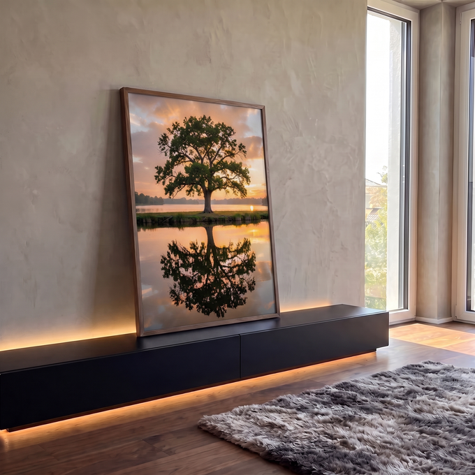 Árvore frondosa verde às margens de lago refletida na água ao pôr do sol laranja, quadro decorativo