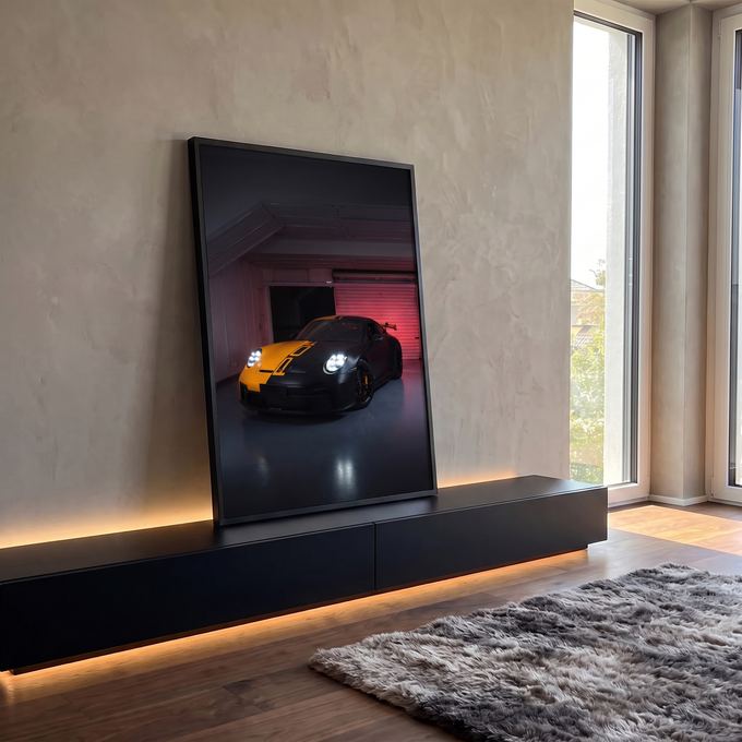 Quadro Decorativo Grande Carro e Amarelo para Sala Preto | quadros decorativos para sala | carro esportivo preto fosco com faixa laranja e faróis acesos em garagem escura | em Quadros para Sala | Porao dos Quadros