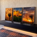 Quadro Decorativo Kit 3 Telas Dente de Leão para Sala | quadros decorativos para sala | tríptico de dente-de-leão em silhueta contra céu de pôr do sol laranja e roxo | em Quadros para Sala | Porao dos Quadros