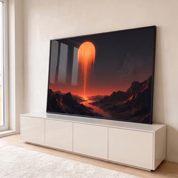 Sol laranja derretendo sobre montanhas negras com lava e rio refletido, quadro decorativo