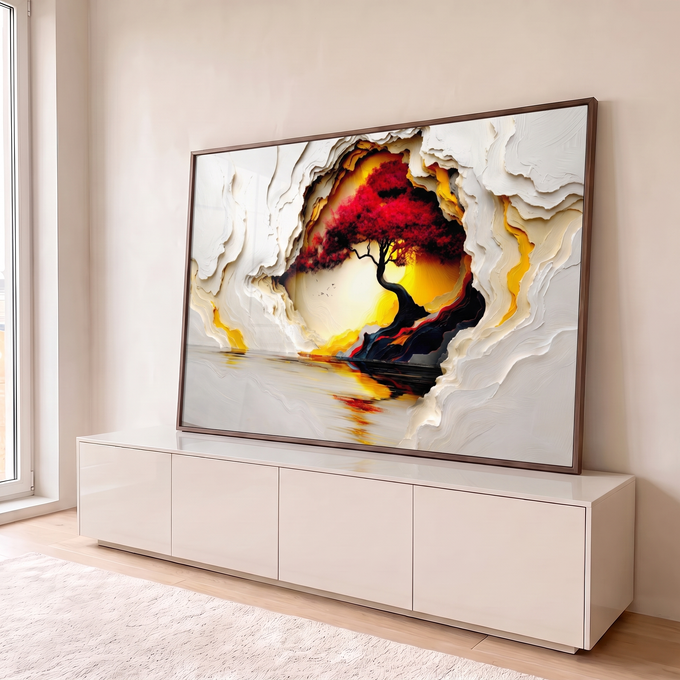 Quadro Decorativo Grande Árvore Vermelha para Sala Branco | quadros decorativos para sala | árvore de folhas vermelhas sobre céu dourado emoldurada por textura branca em relevo | em Quadros para Sala | Porao dos Quadros