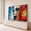 Rosto de mulher em mosaico dividido entre azul e vermelho, atravessado por galho escuro, quadro decorativo