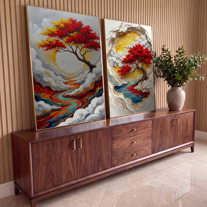 Quadro Decorativo Grande Árvore Vermelha Formatos para Sala | quadros decorativos para sala | árvore com folhagem vermelha e dourada sobre sol branco, cercada de nuvens em relevo | em Quadros para Sala | Porao dos Quadros