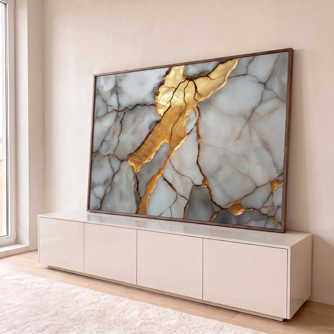 Quadro Decorativo Grande Mármore com Veios para Sala Branco | quadros decorativos para sala | textura de mármore branco com rachaduras preenchidas por dourado metálico | em Quadros para Sala | Porao dos Quadros