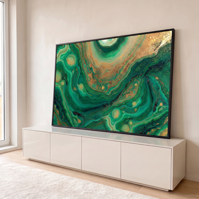 Quadro Decorativo Grande Abstrato Verde para Sala Verde | quadros decorativos para sala | abstrato fluido em verde esmeralda e dourado com efeito de pedra malaquita | em Quadros para Sala | Porao dos Quadros