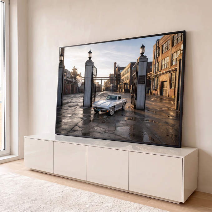 Corvette prata clássico no portão de fábrica de tijolos, piso molhado e luz do entardecer, quadro decorativo