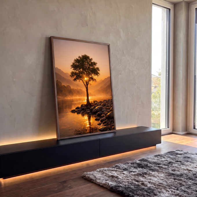 Quadro Decorativo Grande Árvore Solitária Natureza para Sala | quadros decorativos para sala | árvore solitária com sol brilhando entre os ramos, à beira de rio e montanhas | em Quadros para Sala | Porao dos Quadros