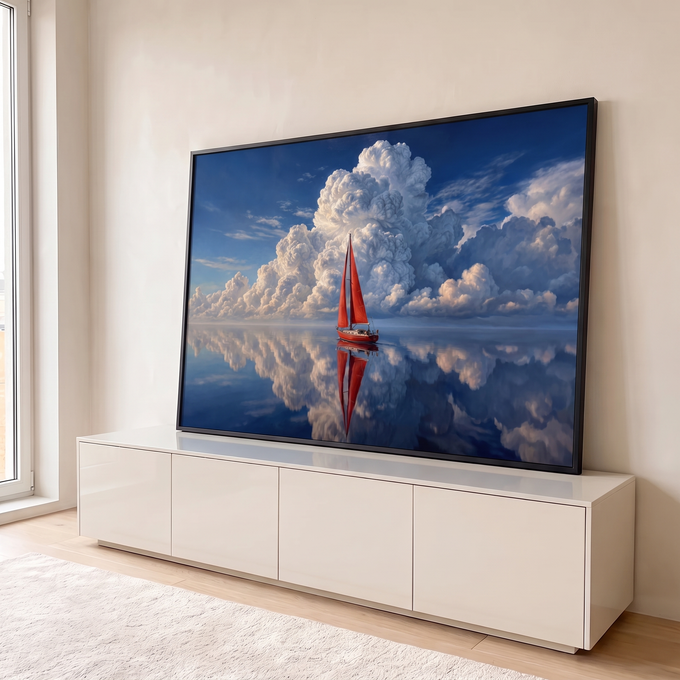 Veleiro de velas vermelhas em mar espelhado refletindo nuvens gigantes sob céu azul, quadro decorativo