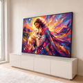 Quadro Decorativo Grande Jesus com Cordeiro para Sala Roxo | quadros decorativos para sala | homem de manto segurando cordeiro branco com fundo abstrato colorido | em Quadros para Sala | Porao dos Quadros