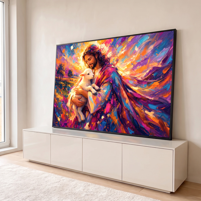 Quadro Decorativo Grande Jesus com Cordeiro para Sala Roxo | quadros decorativos para sala | homem de manto segurando cordeiro branco com fundo abstrato colorido | em Quadros para Sala | Porao dos Quadros