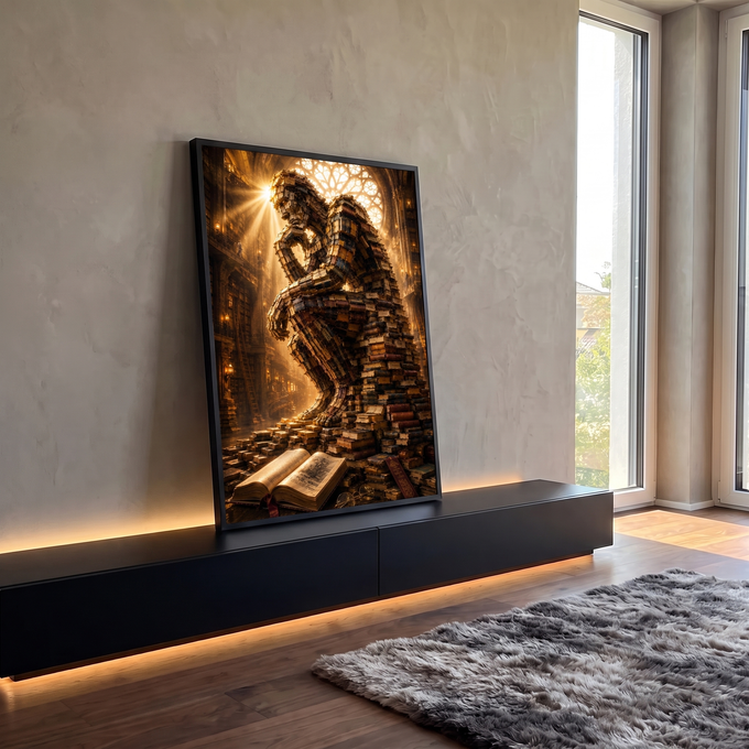 Quadro Decorativo Grande Escultura de Livros para Sala | quadros decorativos para sala | figura pensativa feita de livros empilhados sob luz dourada de vitral em biblioteca | em Quadros para Sala | Porao dos Quadros
