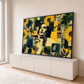 Mulher pensativa em preto e branco em colagem retrô com girassóis, flores azuis e jornal, quadro decorativo
