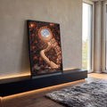 Torre de livros surreal com escada em espiral, menino subindo e claraboia de céu azul, quadro decorativo