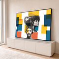 Quadro Decorativo Grande Retratos Femininos para Sala | quadros decorativos para sala | três retratos femininos em preto e branco com blocos geométricos coloridos sobrepostos | em Quadros para Sala | Porao dos Quadros